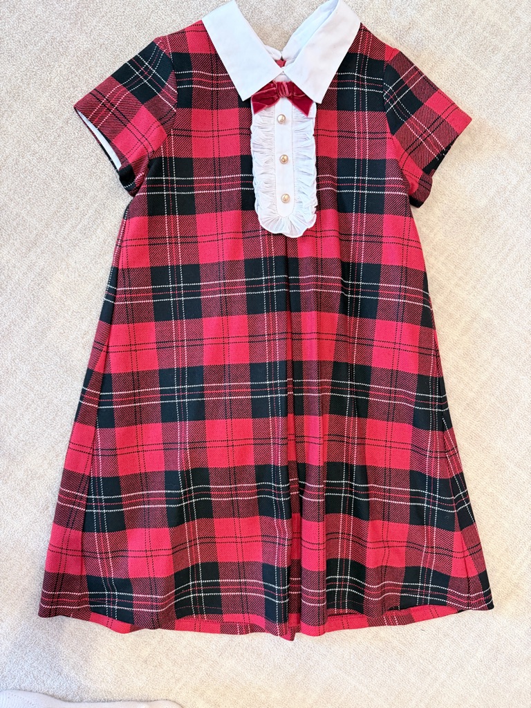 Girls Red Plaid Short-Sleeve Dress With White Collar. Children’s Salon.